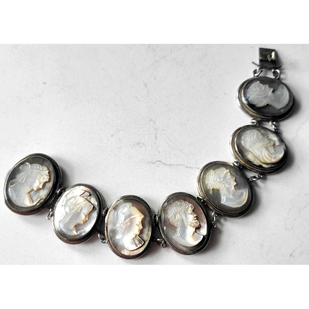 Antique Victorian Mother of Pearl Cameo Bracelet 900‎ Silver Gold - 7 PORTRAITS